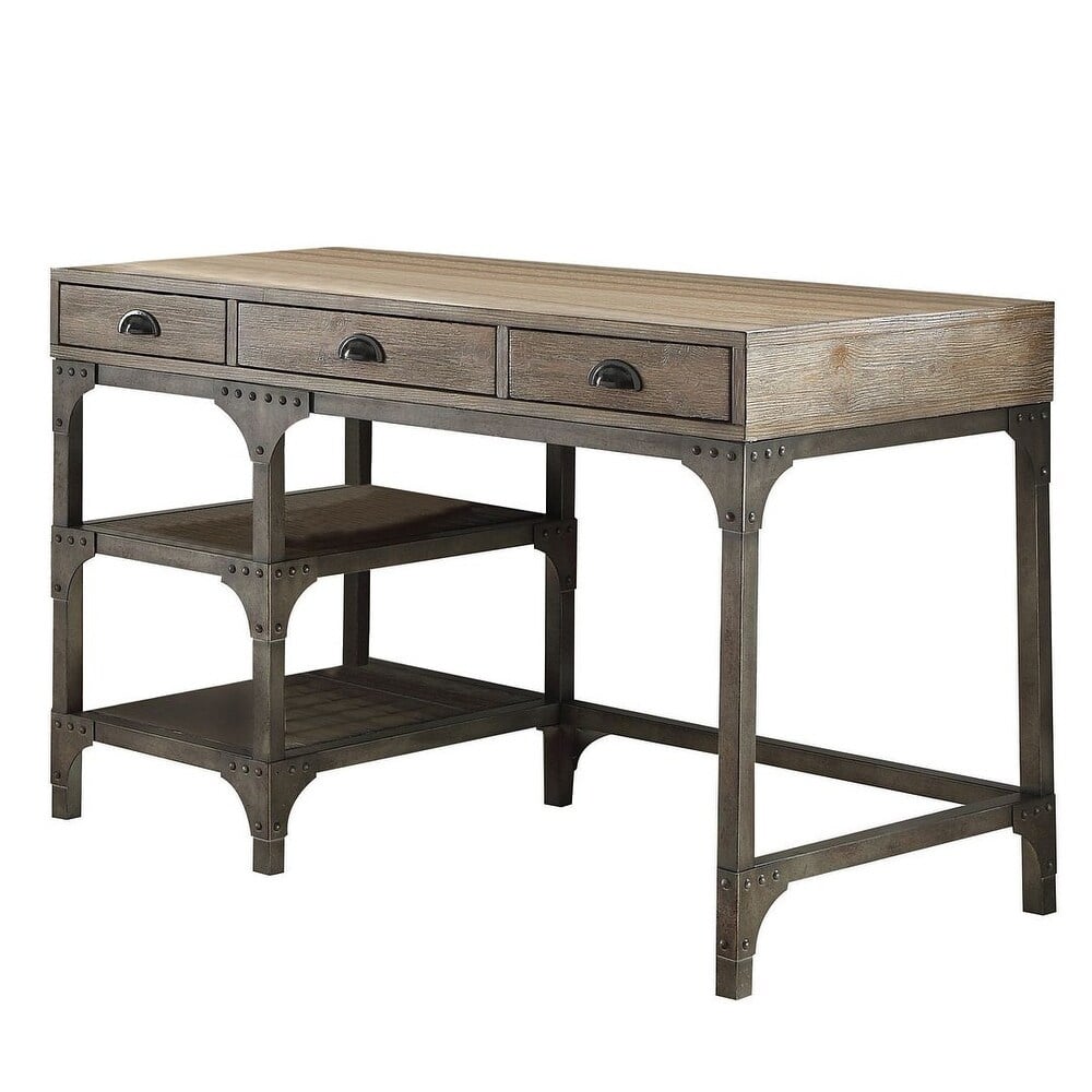 Wood And Metal Desk With Three Drawers And Two Side Shelves, Oak Brown And Gray- Saltoro Sherpi
