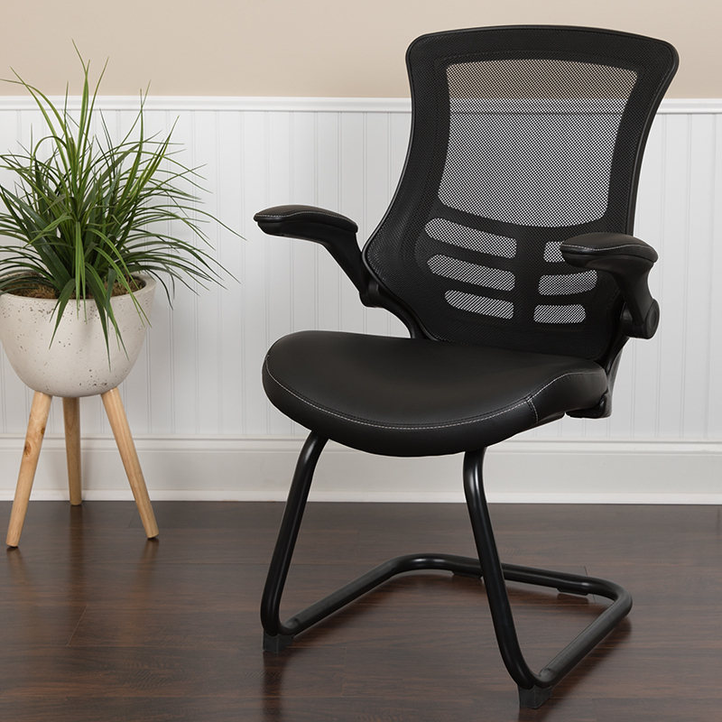 Black Mesh Sled Base Side Reception Chair With White Stitched LeatherSoft Seat And Flip-Up Arms