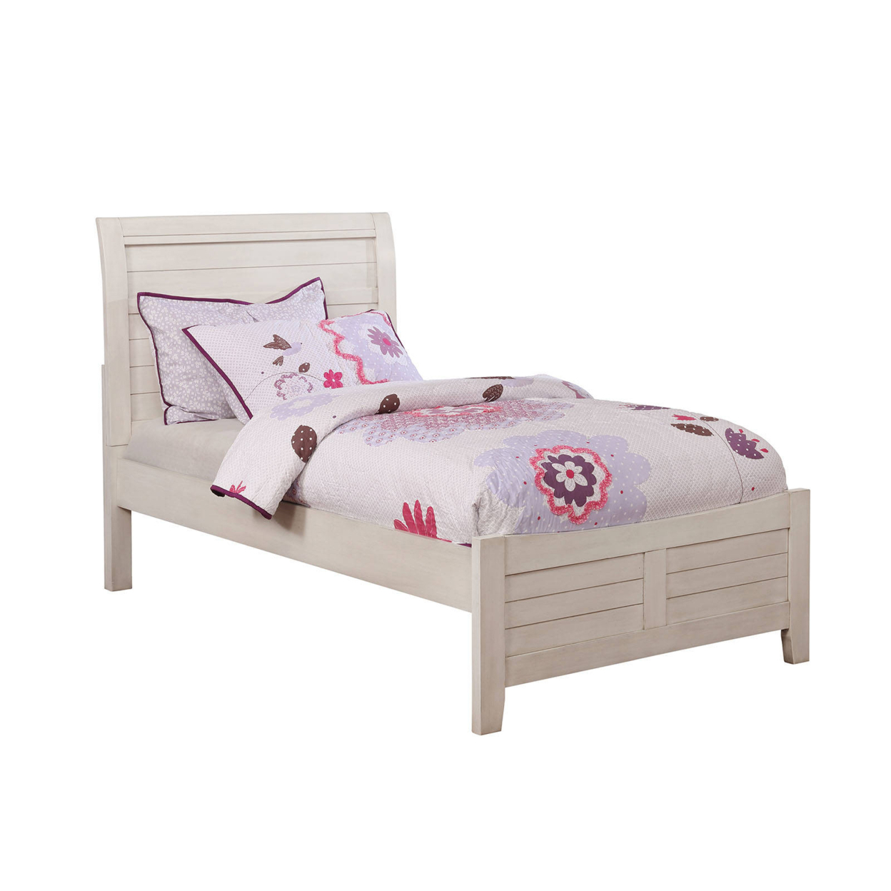 Transitional Sleigh Twin Bed With Plank Style Headboard, Antique White- Saltoro Sherpi