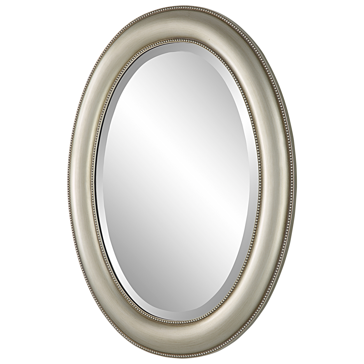 29 Inch Wood Wall Mirror, Beaded Oval Shape, Metallic Silver, Saltoro Sherpi