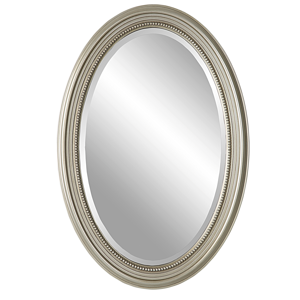 31 Inch Wall Mirror, Beaded Oval Shape, Metallic Silver, Saltoro Sherpi