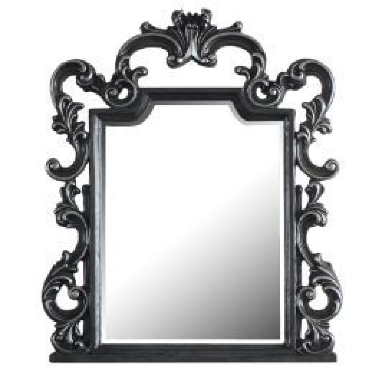 40 Inch Ornate Wood Mirror, Carved Scrolled Molding, Polyresin, Gray- Saltoro Sherpi