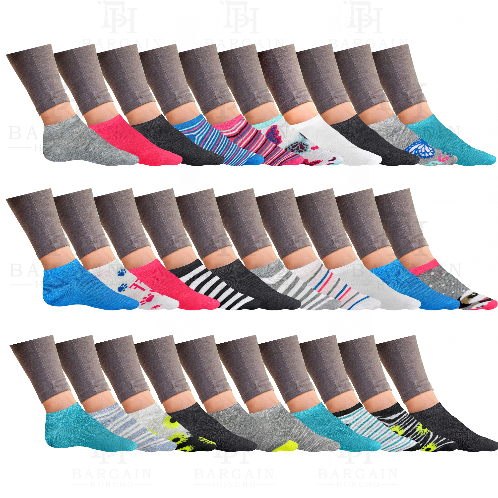 10-Pair: Women’s Breathable Fun Funky Comfortable Colorful No Show Low Cut Ankle Socks - 20-Pairs
