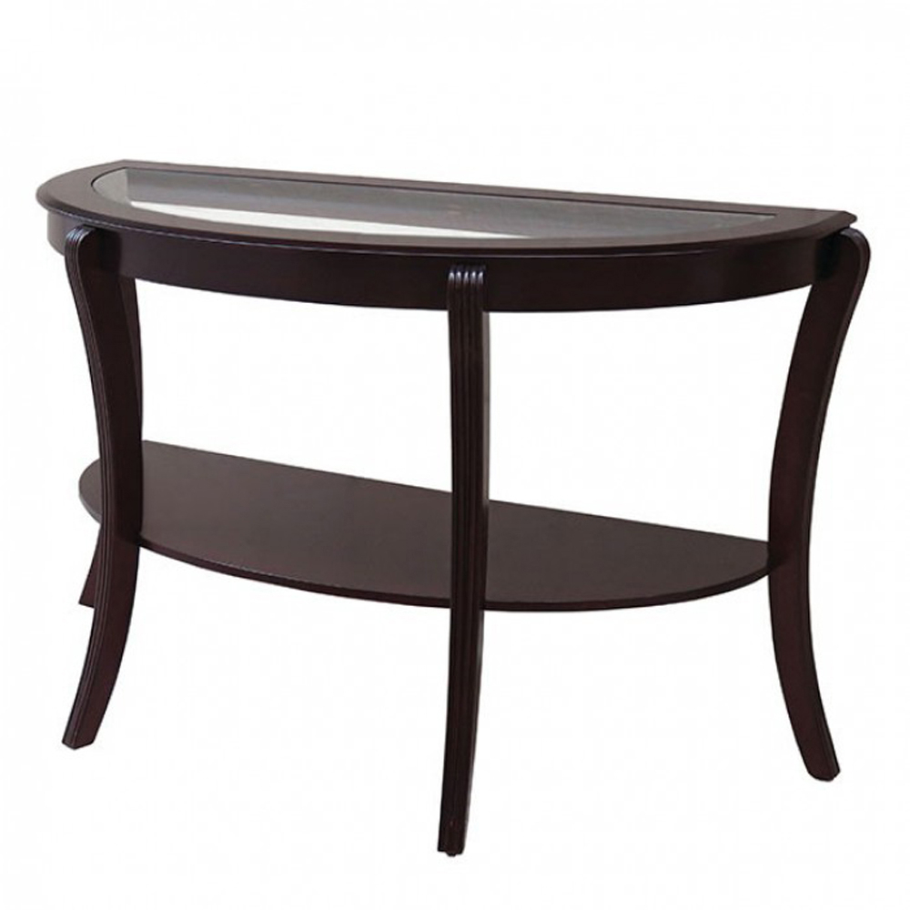 Semi Oval Solid Wood Table With Beveled Glass Top And Open Shelve, Espresso Brown- Saltoro Sherpi