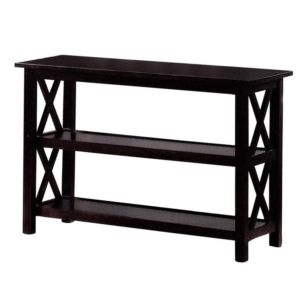 Transitional Wooden Sofa Table With X Side Design & Two Shelves, Dark Brown- Saltoro Sherpi