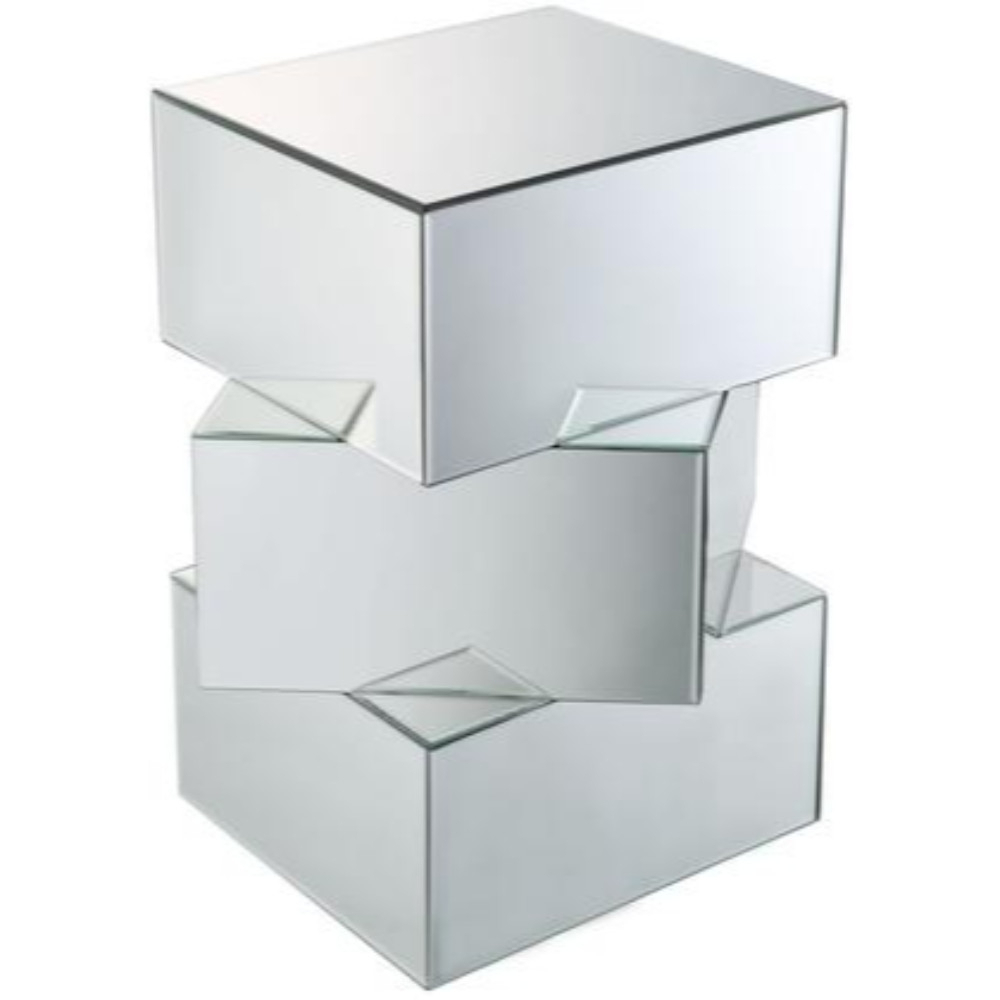 Mirror And Glass End Table With Unique Geometrical Base Design, Silver- Saltoro Sherpi
