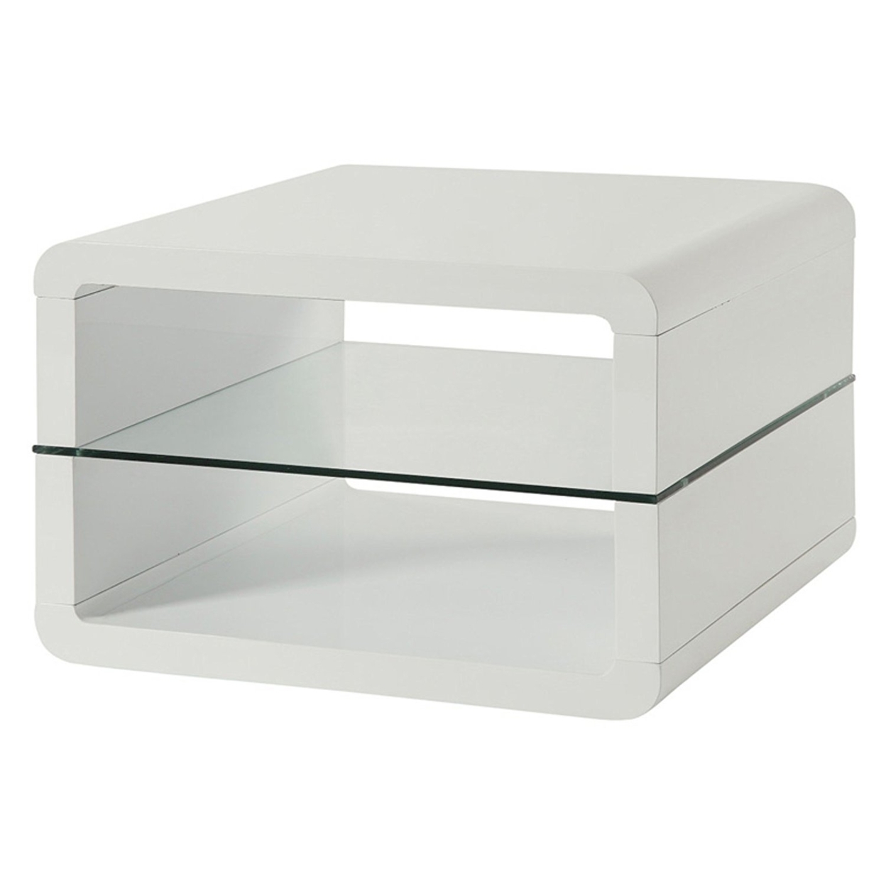 Modern End Table With Rounded Corners & Clear Tempered Glass Shelf, White- Saltoro Sherpi