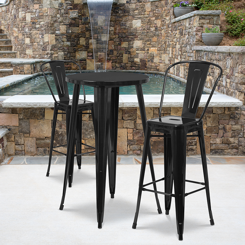 Commercial Grade 24 Round Black Metal Indoor-Outdoor Bar Table Set With 2 Cafe Stools