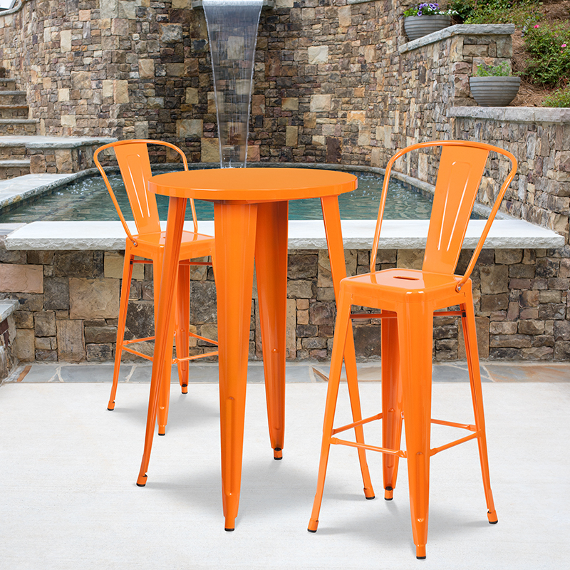 Commercial Grade 24 Round Orange Metal Indoor-Outdoor Bar Table Set With 2 Cafe Stools