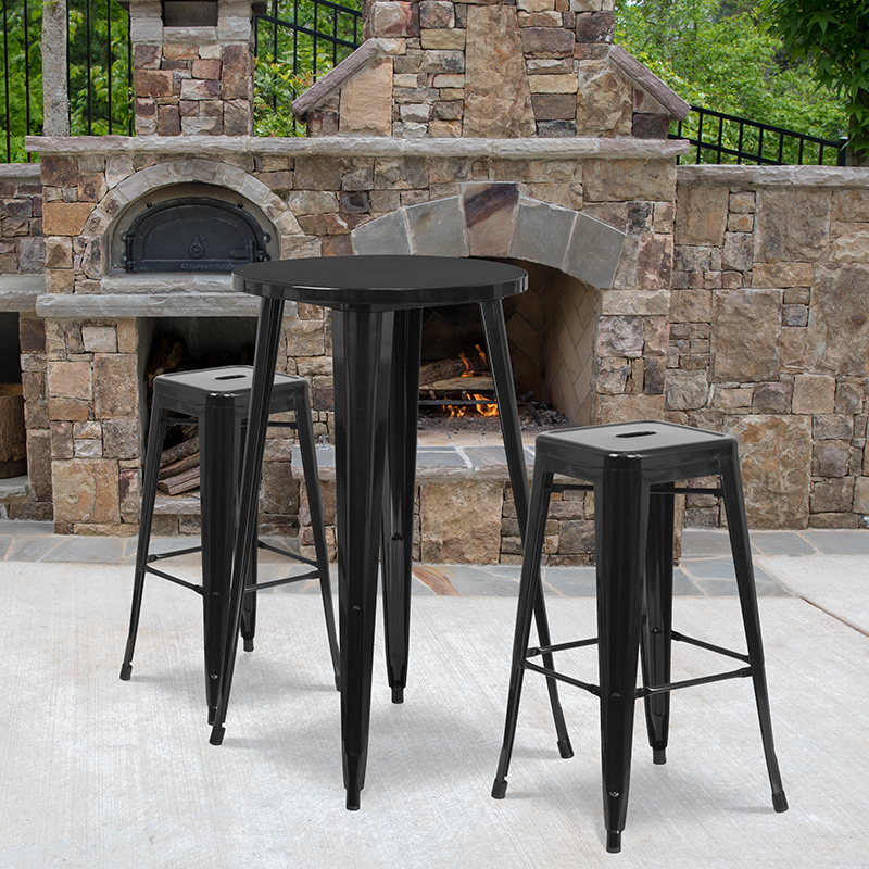 Commercial Grade 24 Round Black Metal Indoor-Outdoor Bar Table Set With 2 Square Seat Backless Stools