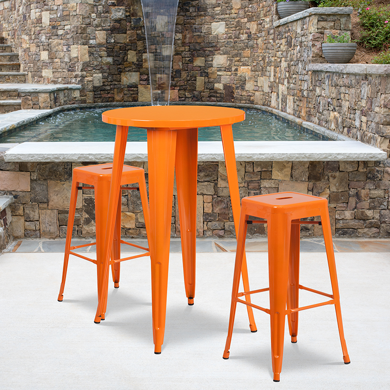 Commercial Grade 24 Round Orange Metal Indoor-Outdoor Bar Table Set With 2 Square Seat Backless Stools