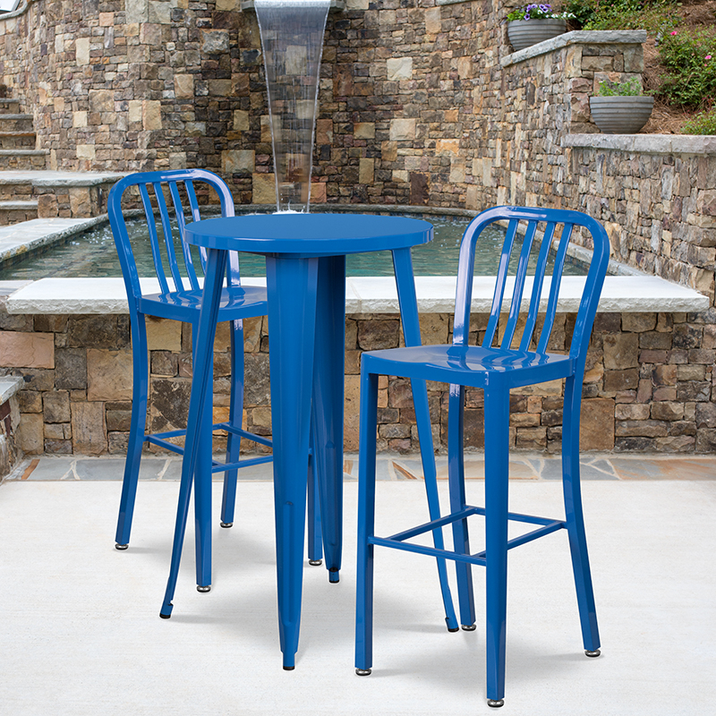 Commercial Grade 24 Round Blue Metal Indoor-Outdoor Bar Table Set With 2 Vertical Slat Back Stools