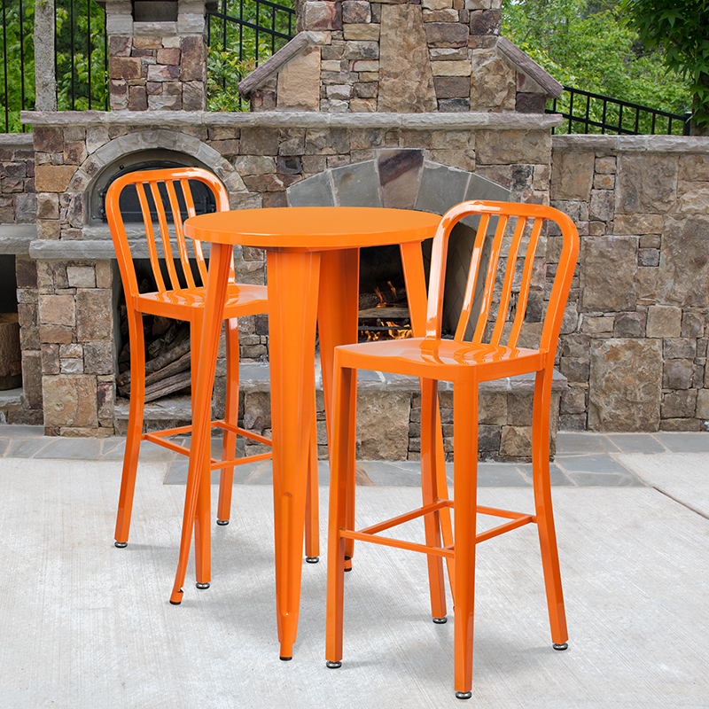 Commercial Grade 24 Round Orange Metal Indoor-Outdoor Bar Table Set With 2 Vertical Slat Back Stools