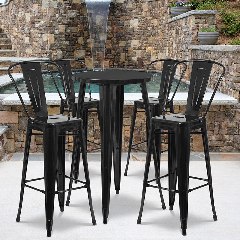 Commercial Grade 24 Round Black Metal Indoor-Outdoor Bar Table Set With 4 Cafe Stools