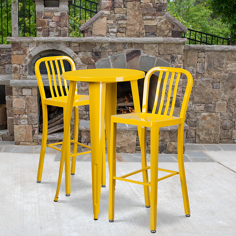 Commercial Grade 24 Round Yellow Metal Indoor-Outdoor Bar Table Set With 2 Vertical Slat Back Stools