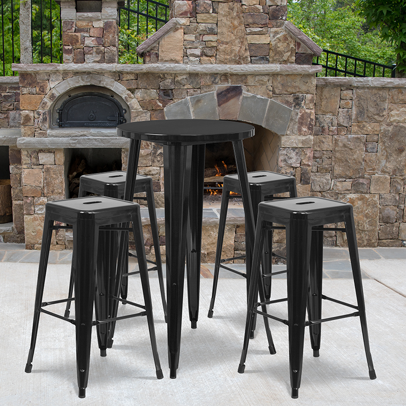 Commercial Grade 24 Round Black Metal Indoor-Outdoor Bar Table Set With 4 Square Seat Backless Stools