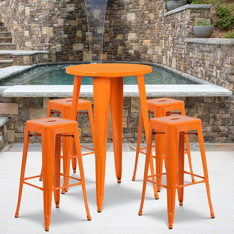Commercial Grade 24 Round Orange Metal Indoor-Outdoor Bar Table Set With 4 Square Seat Backless Stools