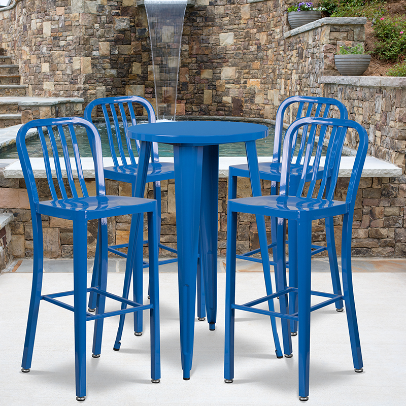 Commercial Grade 24 Round Blue Metal Indoor-Outdoor Bar Table Set With 4 Vertical Slat Back Stools