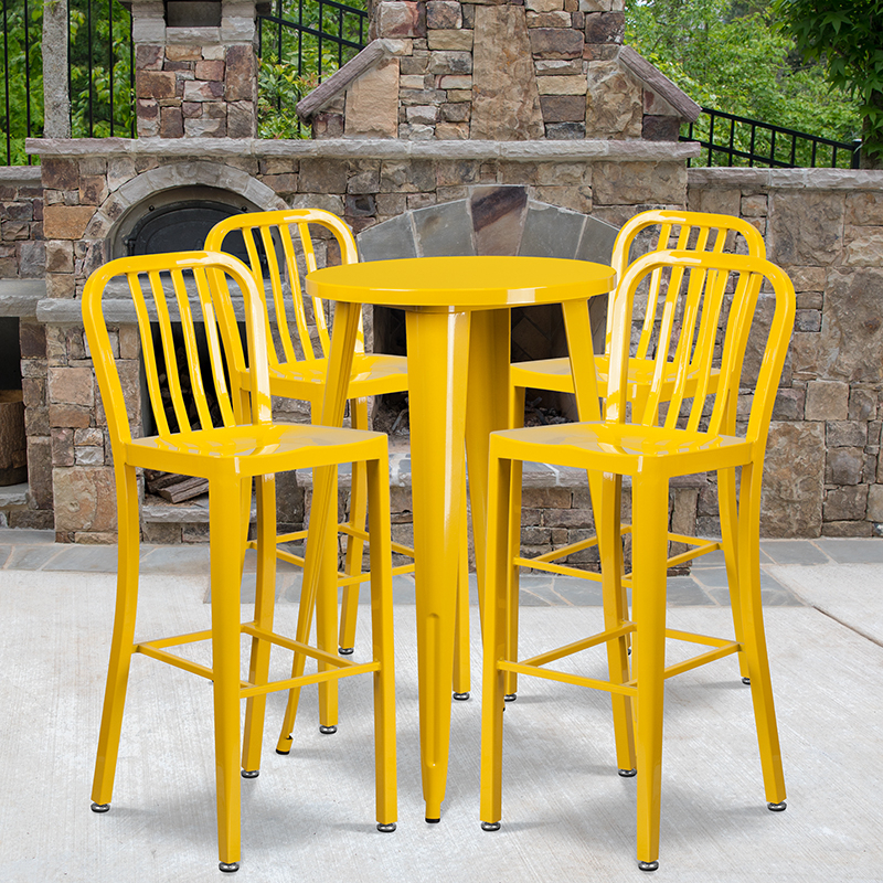 Commercial Grade 24 Round Yellow Metal Indoor-Outdoor Bar Table Set With 4 Vertical Slat Back Stools