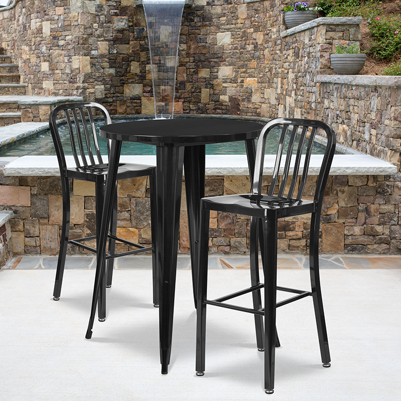 Commercial Grade 30 Round Black Metal Indoor-Outdoor Bar Table Set With 2 Vertical Slat Back Stools