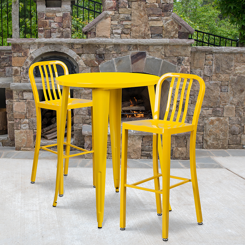 Commercial Grade 30 Round Yellow Metal Indoor-Outdoor Bar Table Set With 2 Vertical Slat Back Stools