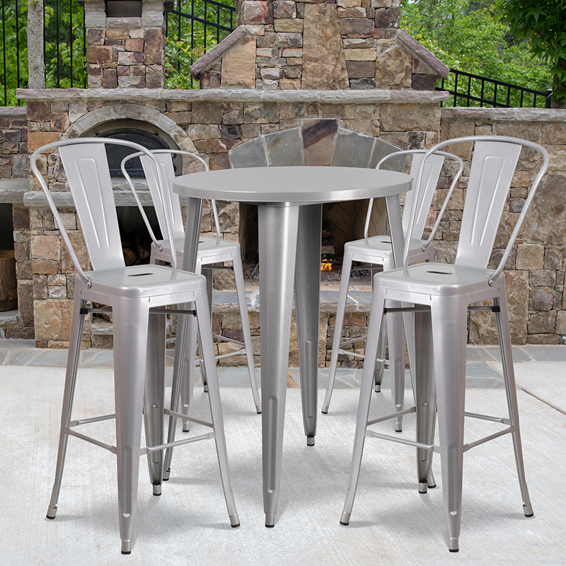 Commercial Grade 30 Round Silver Metal Indoor-Outdoor Bar Table Set With 4 Cafe Stools