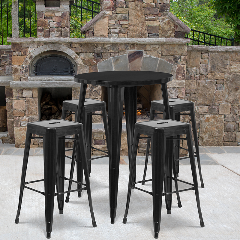 Commercial Grade 30 Round Black Metal Indoor-Outdoor Bar Table Set With 4 Square Seat Backless Stools