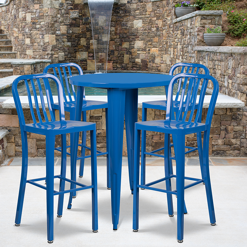 Commercial Grade 30 Round Blue Metal Indoor-Outdoor Bar Table Set With 4 Vertical Slat Back Stools
