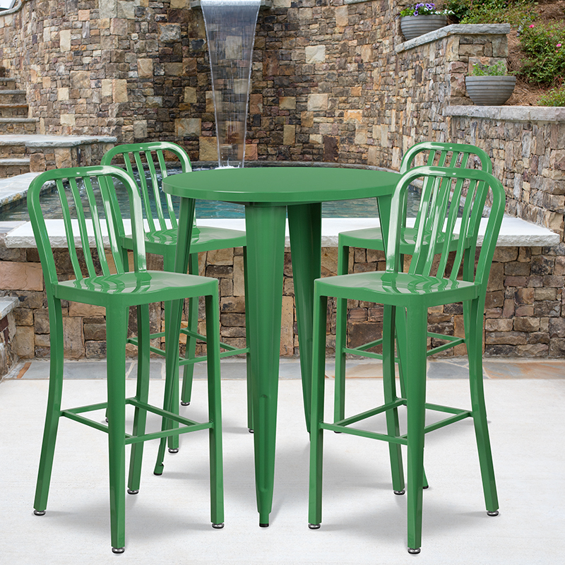 Commercial Grade 30 Round Green Metal Indoor-Outdoor Bar Table Set With 4 Vertical Slat Back Stools