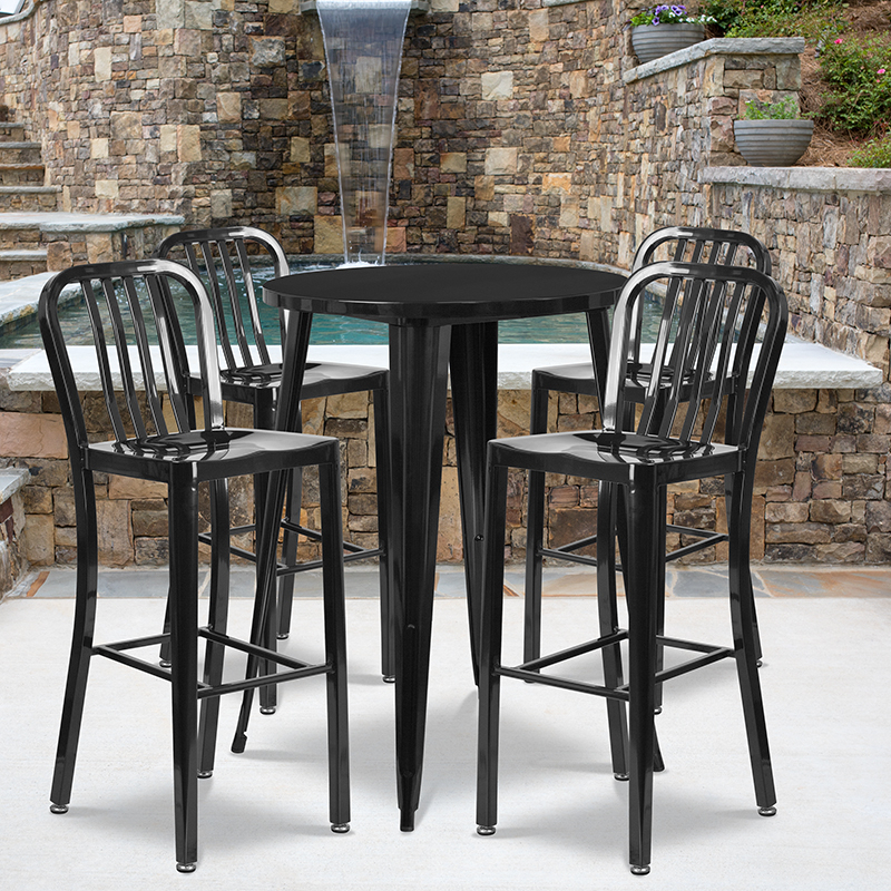 Commercial Grade 30 Round Black Metal Indoor-Outdoor Bar Table Set With 4 Vertical Slat Back Stools