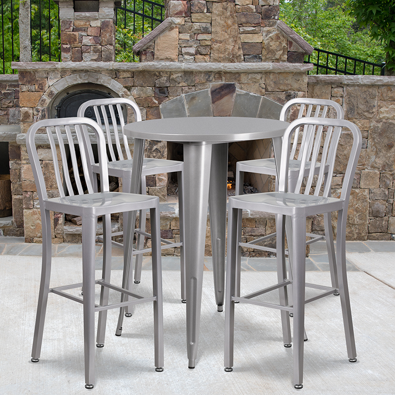 Commercial Grade 30 Round Silver Metal Indoor-Outdoor Bar Table Set With 4 Vertical Slat Back Stools