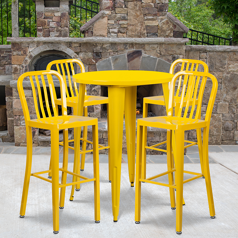 Commercial Grade 30 Round Yellow Metal Indoor-Outdoor Bar Table Set With 4 Vertical Slat Back Stools