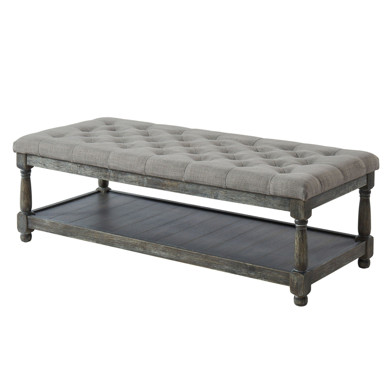 Fabric Upholstered Bench With Button Tufted Seat And Bottom Shelf, Gray- Saltoro Sherpi