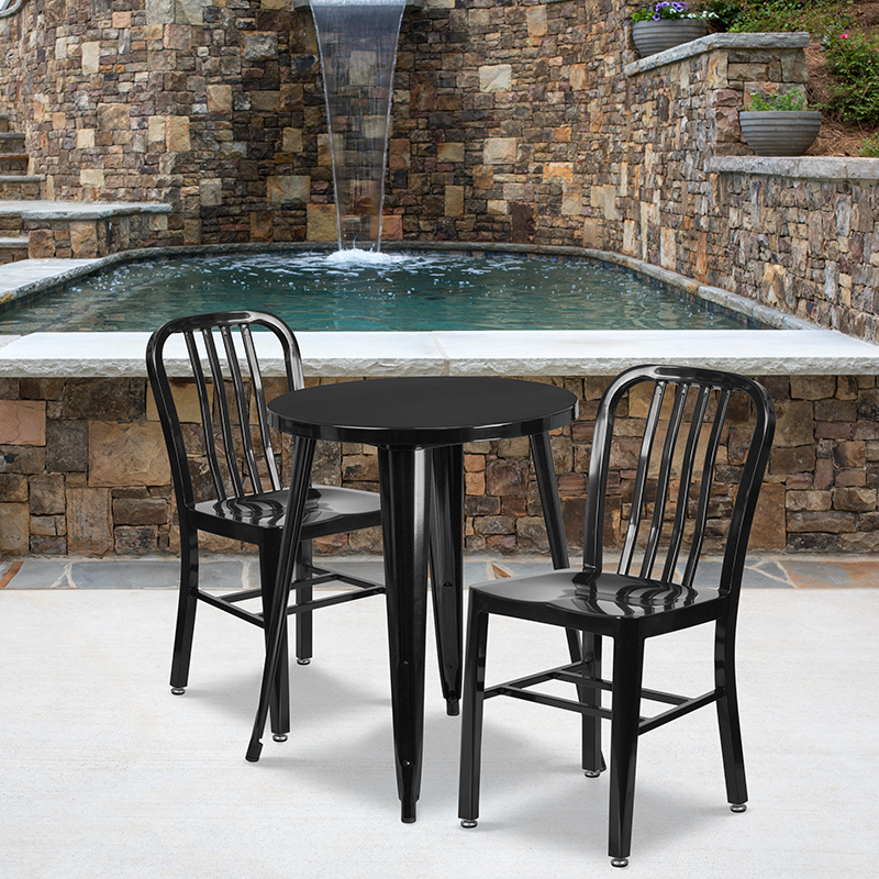 Commercial Grade 24 Round Black Metal Indoor-Outdoor Table Set With 2 Vertical Slat Back Chairs