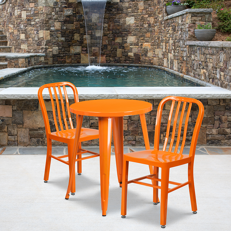 Commercial Grade 24 Round Orange Metal Indoor-Outdoor Table Set With 2 Vertical Slat Back Chairs