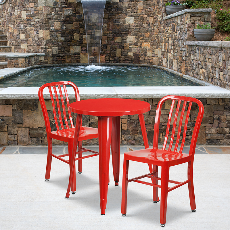 Commercial Grade 24 Round Red Metal Indoor-Outdoor Table Set With 2 Vertical Slat Back Chairs