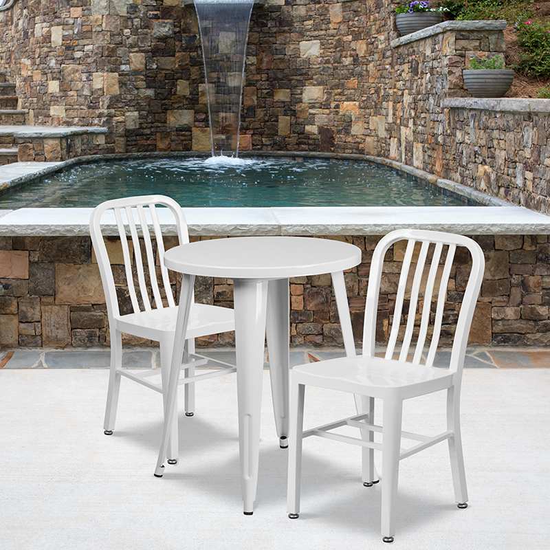 Commercial Grade 24 Round White Metal Indoor-Outdoor Table Set With 2 Vertical Slat Back Chairs