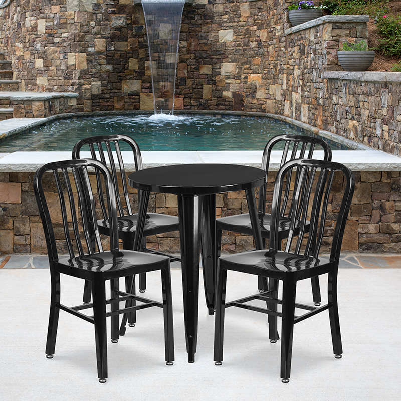 Commercial Grade 24 Round Black Metal Indoor-Outdoor Table Set With 4 Vertical Slat Back Chairs