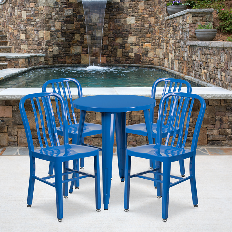 Commercial Grade 24 Round Blue Metal Indoor-Outdoor Table Set With 4 Vertical Slat Back Chairs