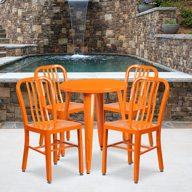 Commercial Grade 24 Round Orange Metal Indoor-Outdoor Table Set With 4 Vertical Slat Back Chairs