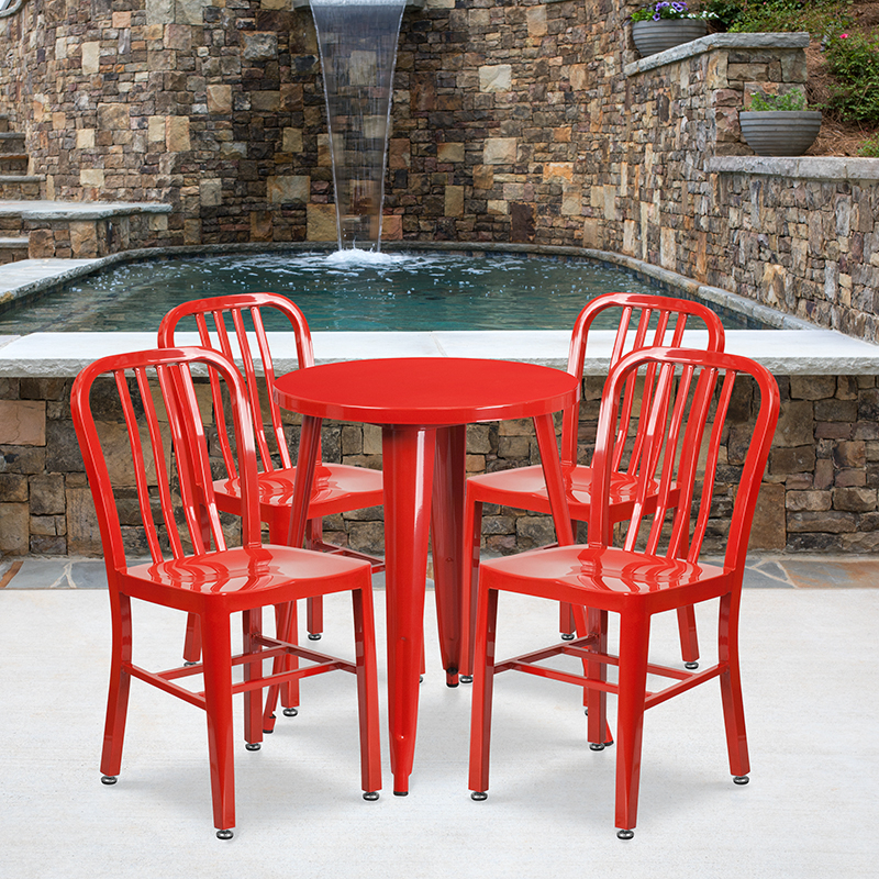 Commercial Grade 24 Round Red Metal Indoor-Outdoor Table Set With 4 Vertical Slat Back Chairs