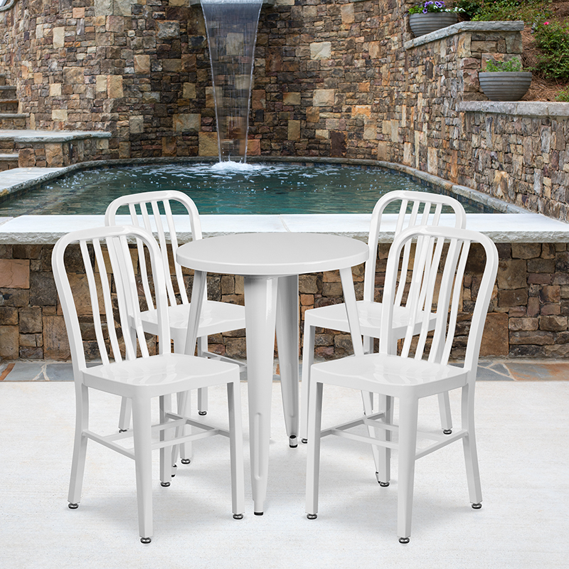 Commercial Grade 24 Round White Metal Indoor-Outdoor Table Set With 4 Vertical Slat Back Chairs