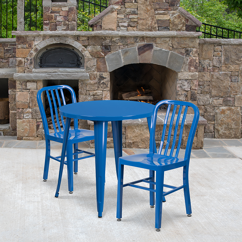 Commercial Grade 30 Round Blue Metal Indoor-Outdoor Table Set With 2 Vertical Slat Back Chairs
