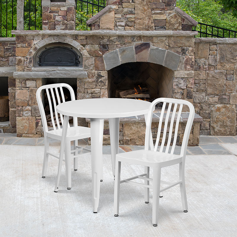 Commercial Grade 30 Round White Metal Indoor-Outdoor Table Set With 2 Vertical Slat Back Chairs