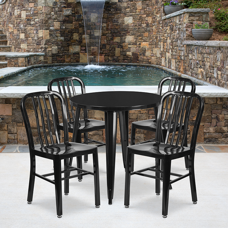 Commercial Grade 30 Round Black Metal Indoor-Outdoor Table Set With 4 Vertical Slat Back Chairs