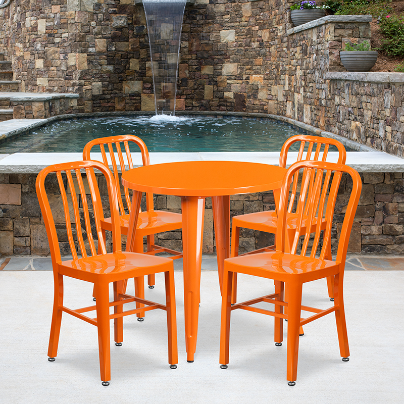 Commercial Grade 30 Round Orange Metal Indoor-Outdoor Table Set With 4 Vertical Slat Back Chairs