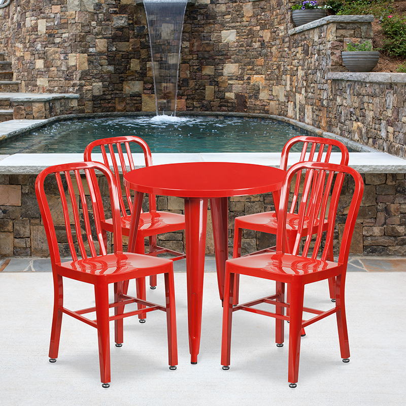 Commercial Grade 30 Round Red Metal Indoor-Outdoor Table Set With 4 Vertical Slat Back Chairs
