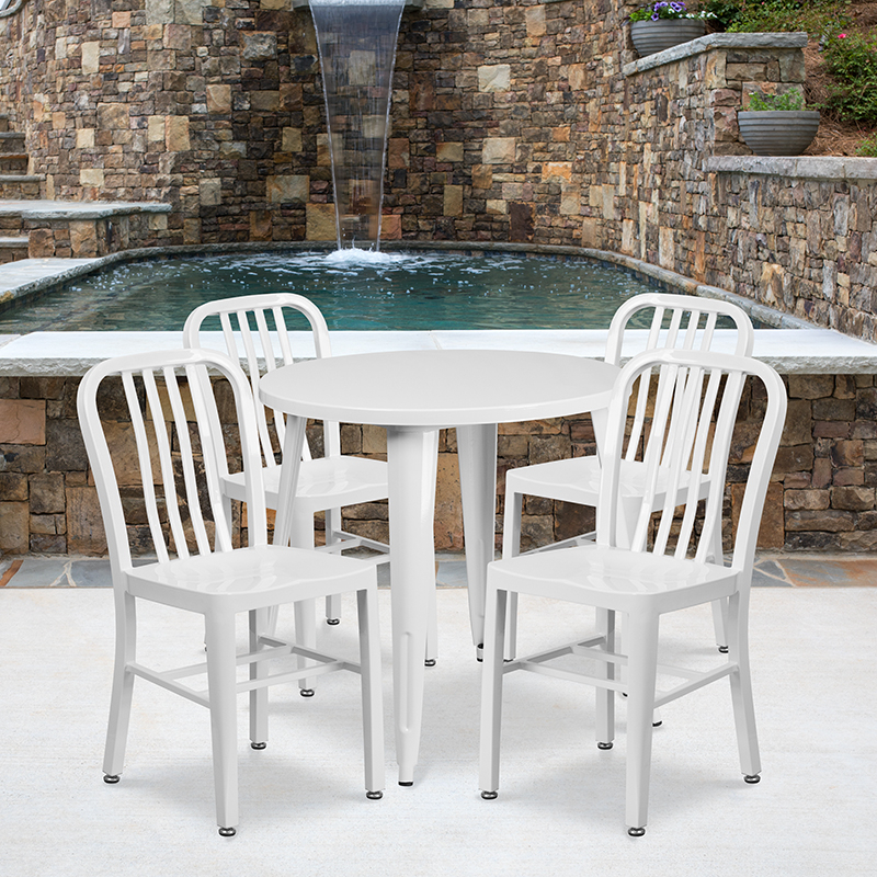 Commercial Grade 30 Round White Metal Indoor-Outdoor Table Set With 4 Vertical Slat Back Chairs