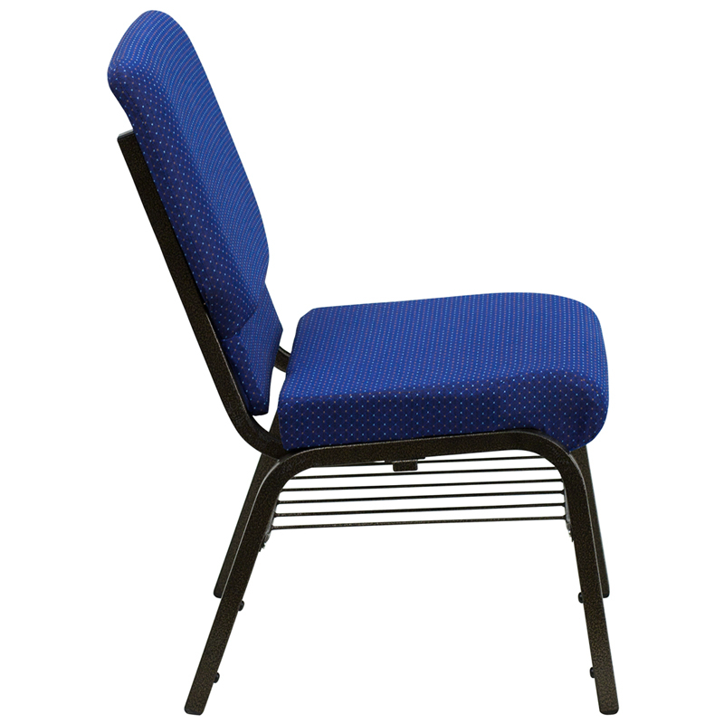 HERCULES Series 18.5''W Church Chair In Navy Blue Patterned Fabric With Book Rack - Gold Vein Frame