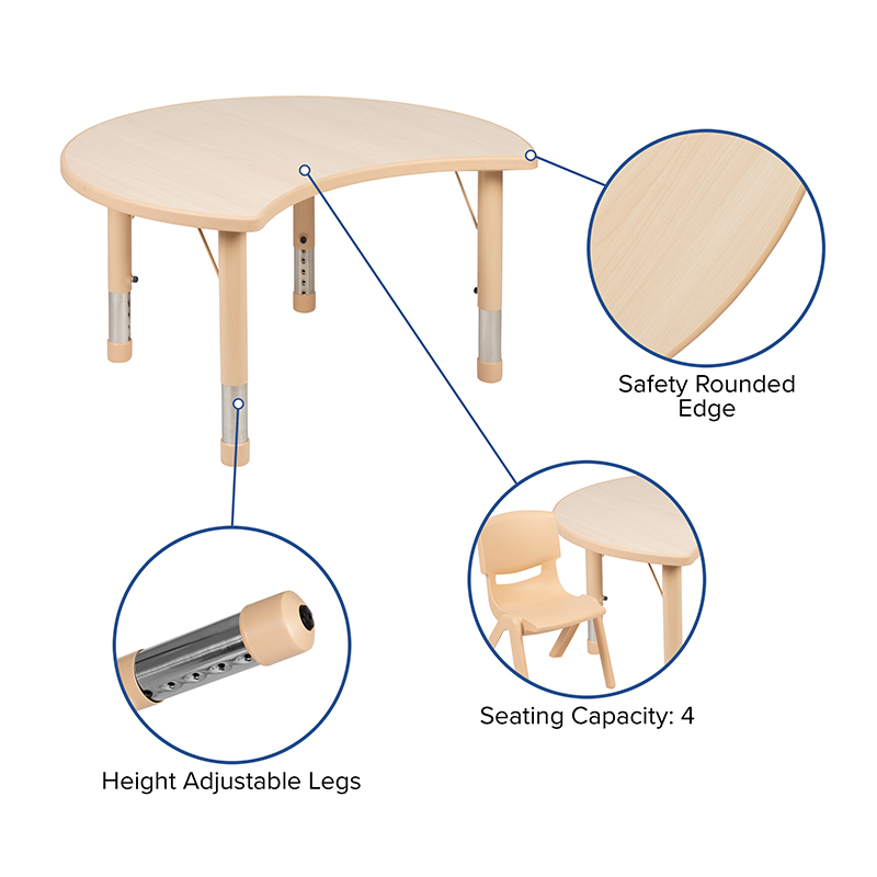 25.125W X 35.5L Crescent Natural Plastic Height Adjustable Activity Table